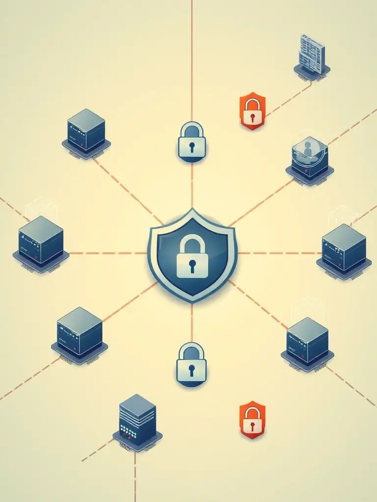 A network diagram with interconnected servers and firewalls, highlighting the importance of network security in protecting data and infrastructure.