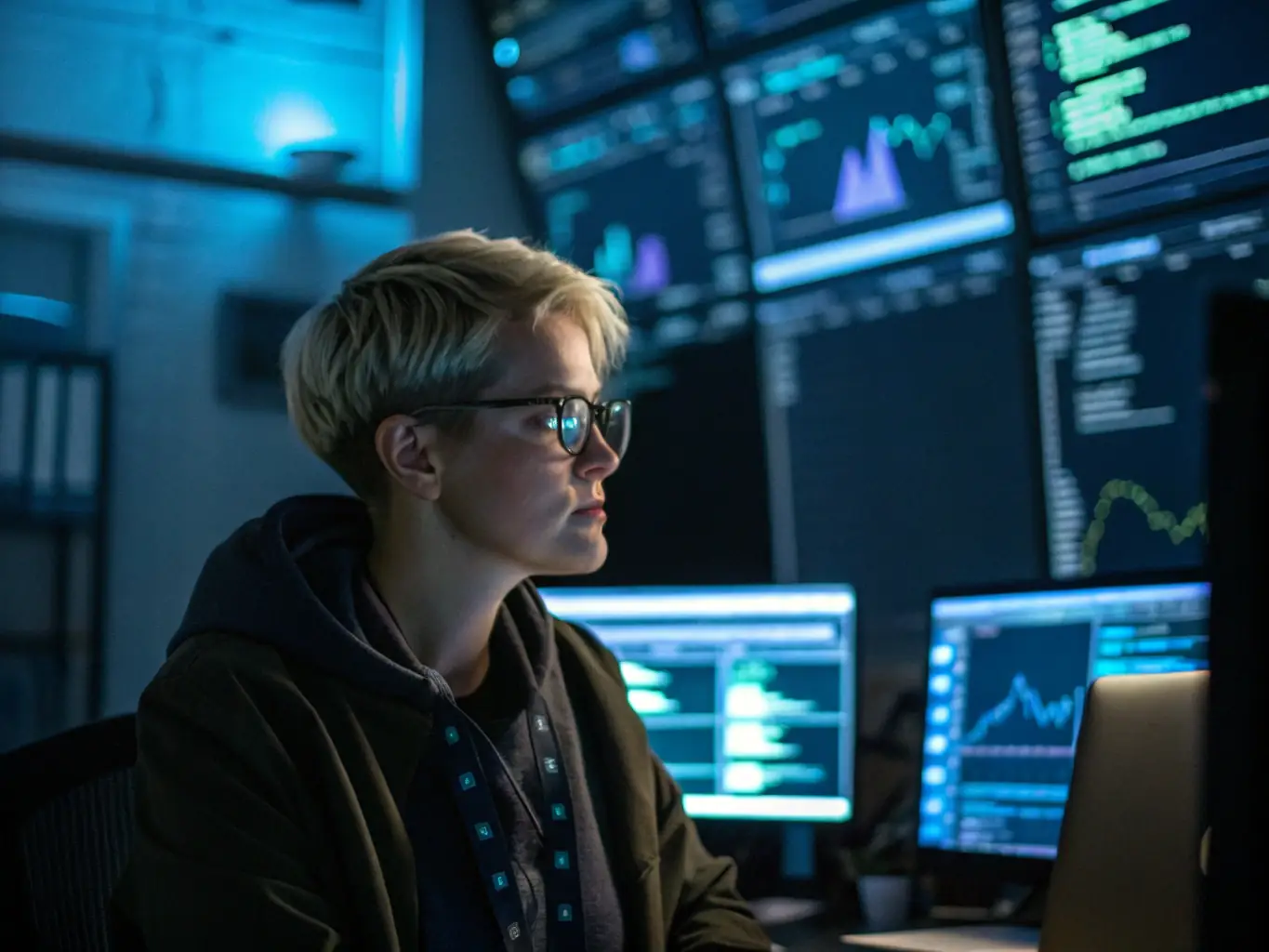 A focused cybersecurity professional working at a computer, analyzing network traffic for potential threats in a modern office environment.