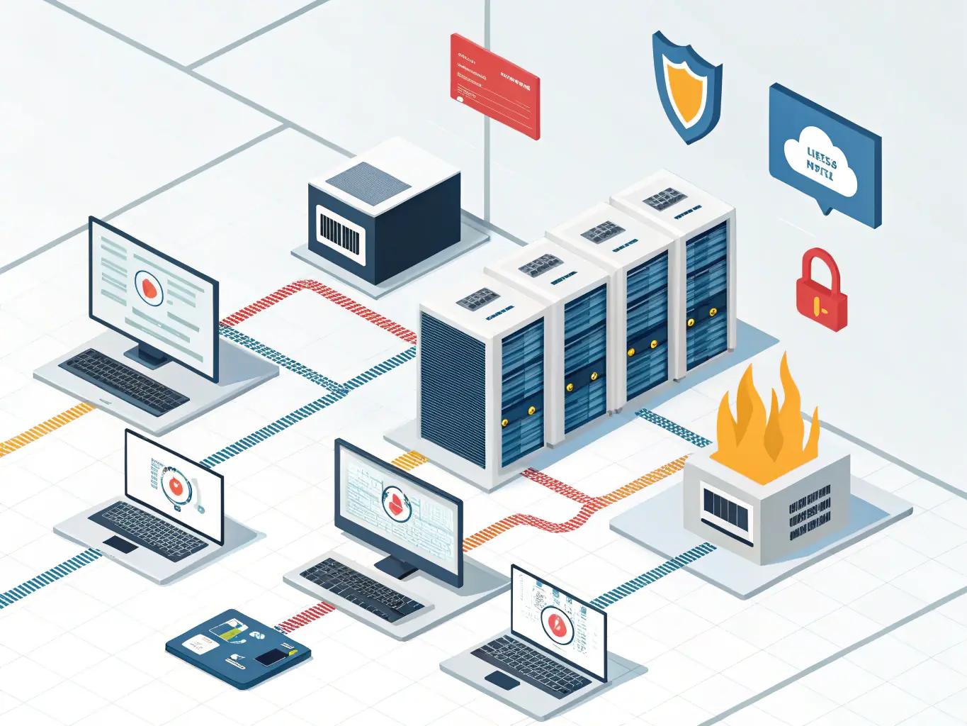 An illustration of a network topology with various security protocols and firewalls, representing network security concepts.