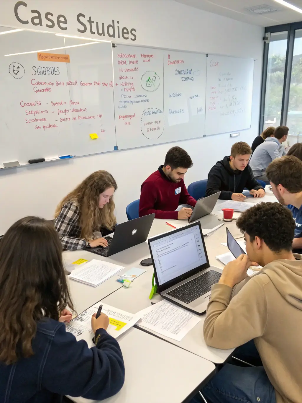 A diverse group of students collaborating on a cybersecurity project, emphasizing teamwork and practical application of skills.