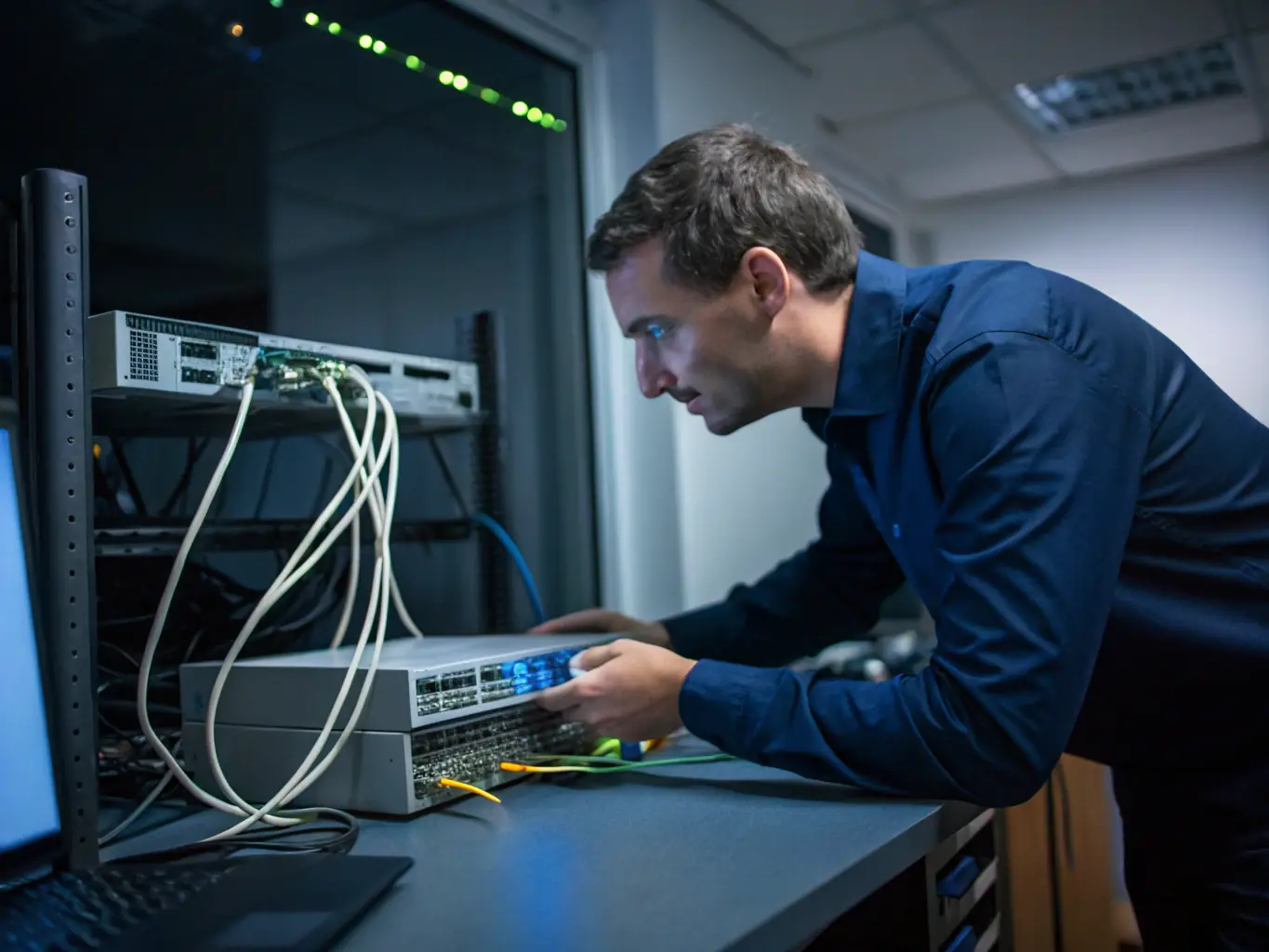 A network security engineer configuring firewall settings to protect a corporate network from cyber attacks in a data center.