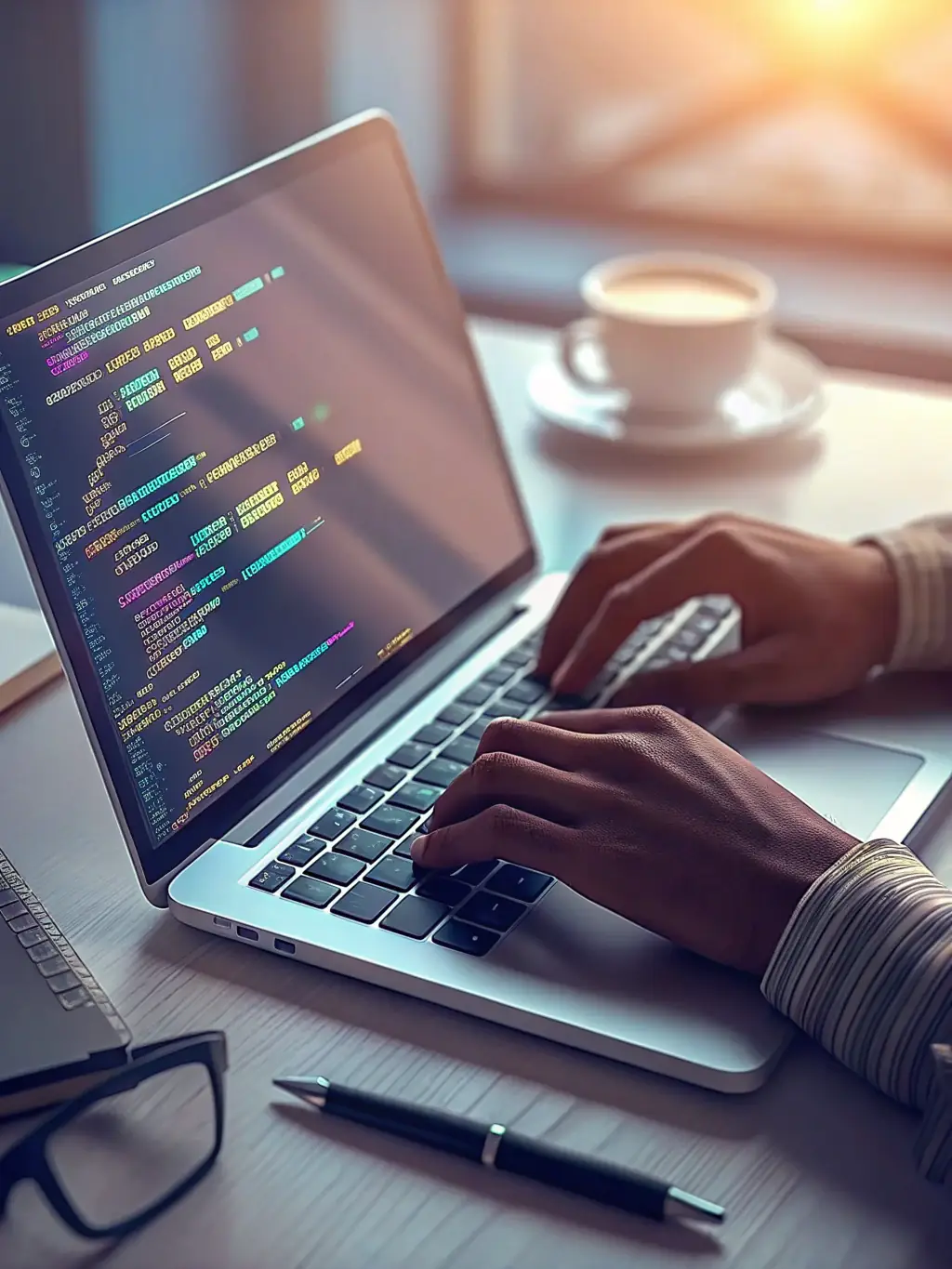 A focused close-up shot of a student's hands typing rapidly on a laptop, lines of code visible on the screen, symbolizing practical coding skills in cybersecurity.