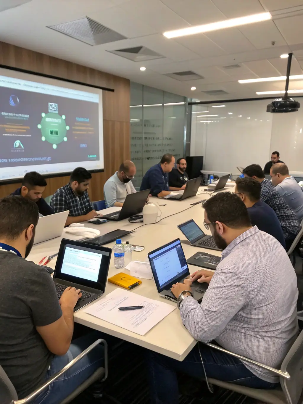 A diverse group of students collaborating on a cybersecurity project, emphasizing teamwork and practical application of skills.